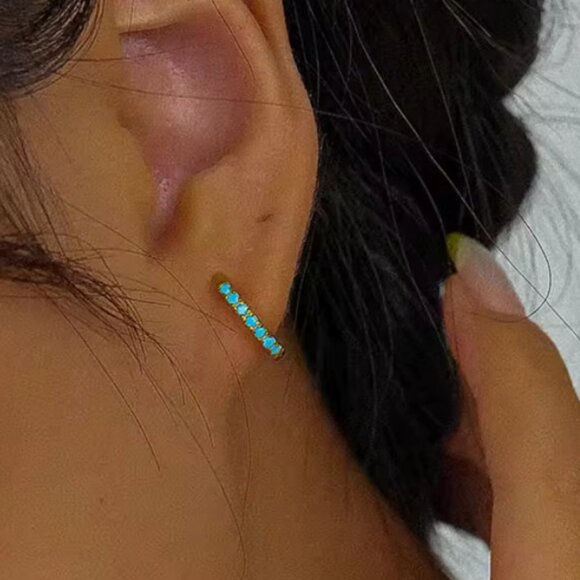 Reversible Eternity Zircon and Turquoise Huggies. 925 Sterling Silver. #1045 - Picture 1 of 7
